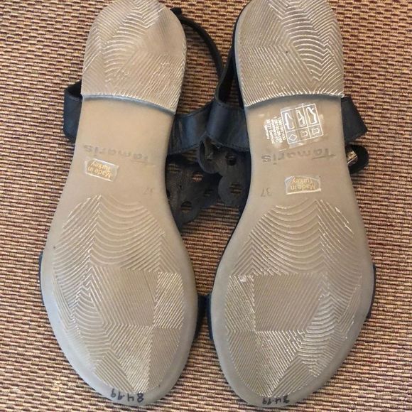 Tamaris Black Leather Bronze Circles Sandals - Picture 5 of 6
